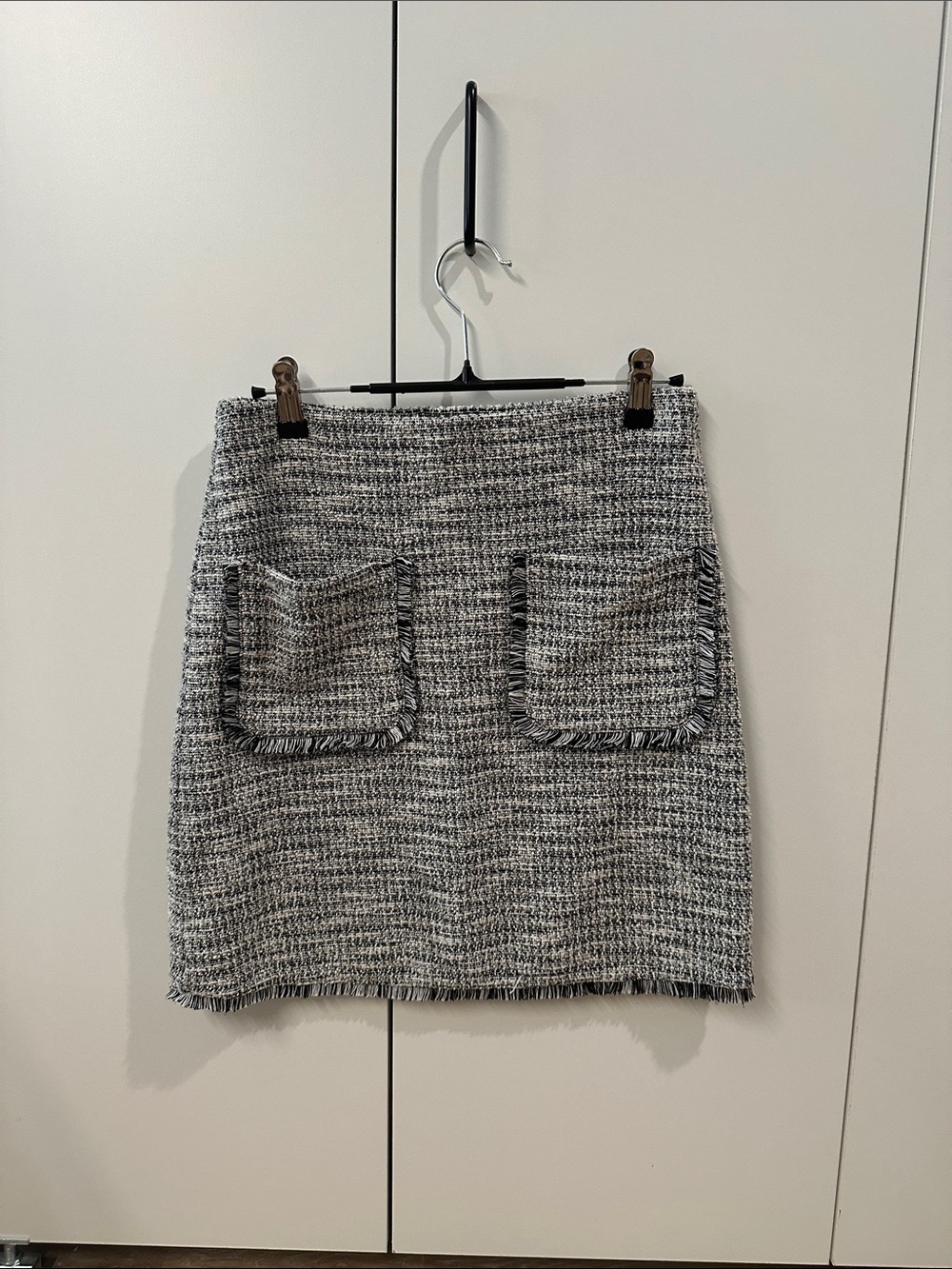 LOFT Black & White Tweed Mini Skirt with Fringe Pockets